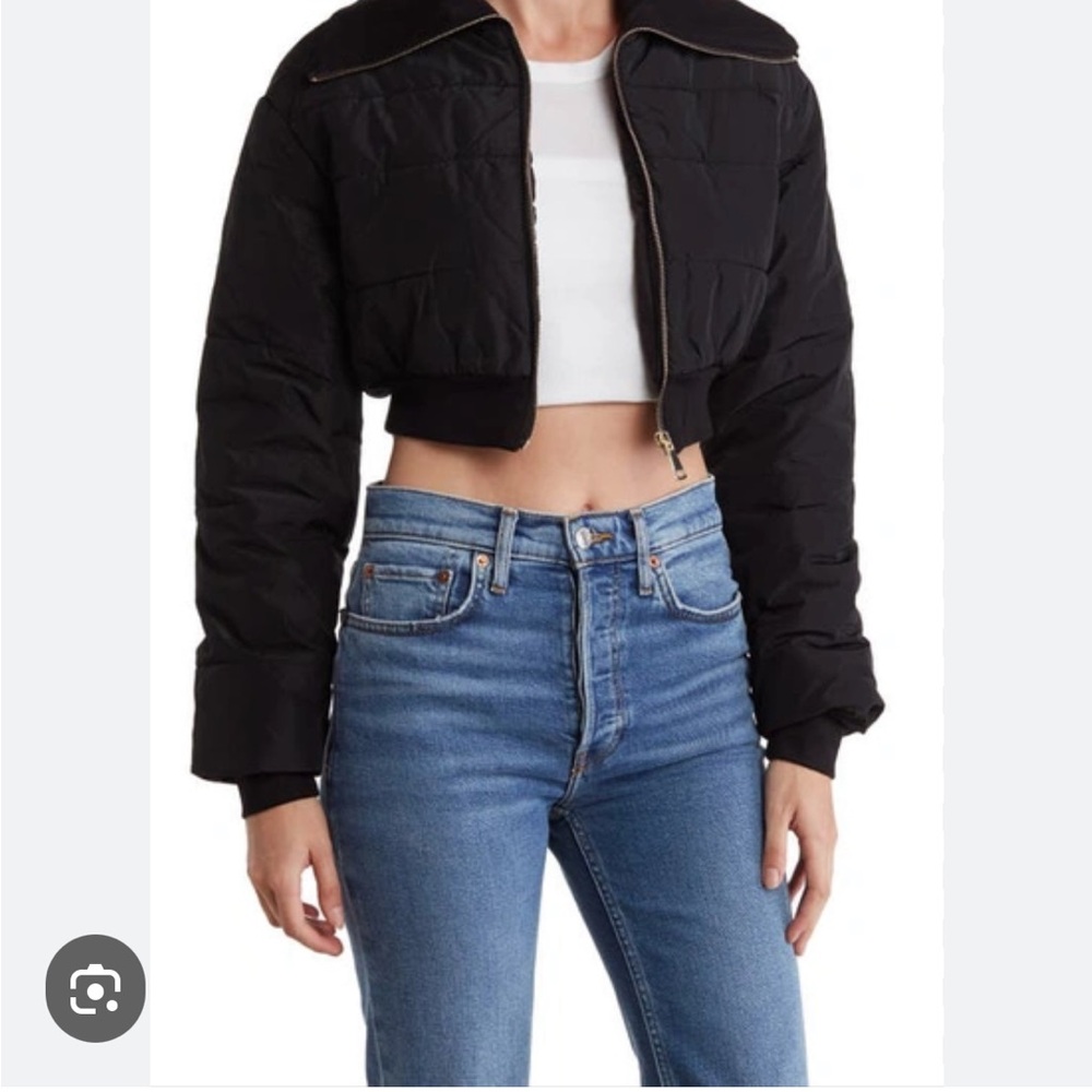 NWT - Edolie- SUPER CROP QUILTED PUFFER JACKET, BLACK, GOLD ZIPPER, size XS